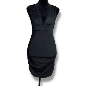 Unbranded Stretchy and Rouched on Sides Stylish Black V-Neck Bodycon Dress